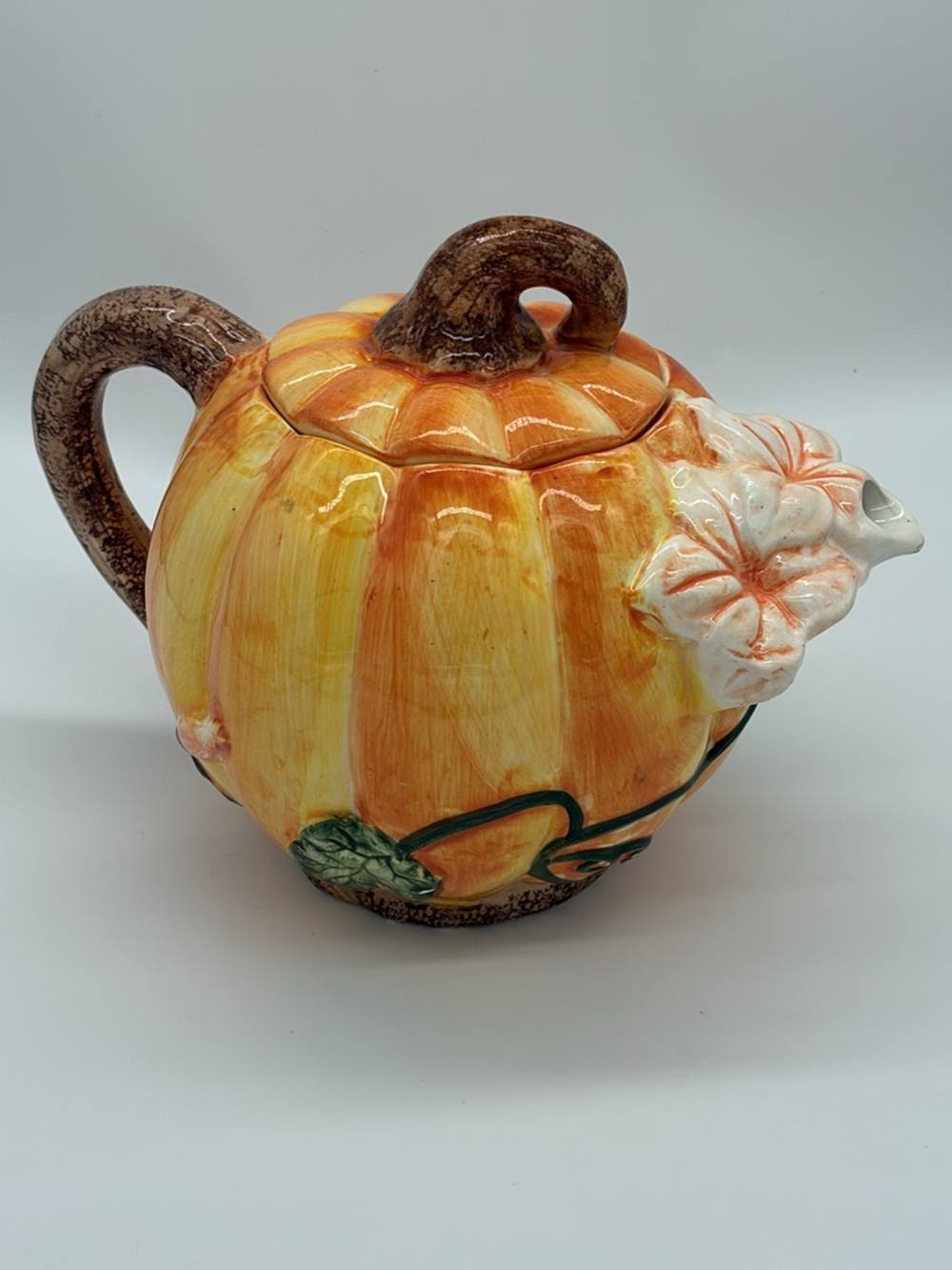 Hand-Painted Ceramic Pumpkin Teapot in Orange and Brown